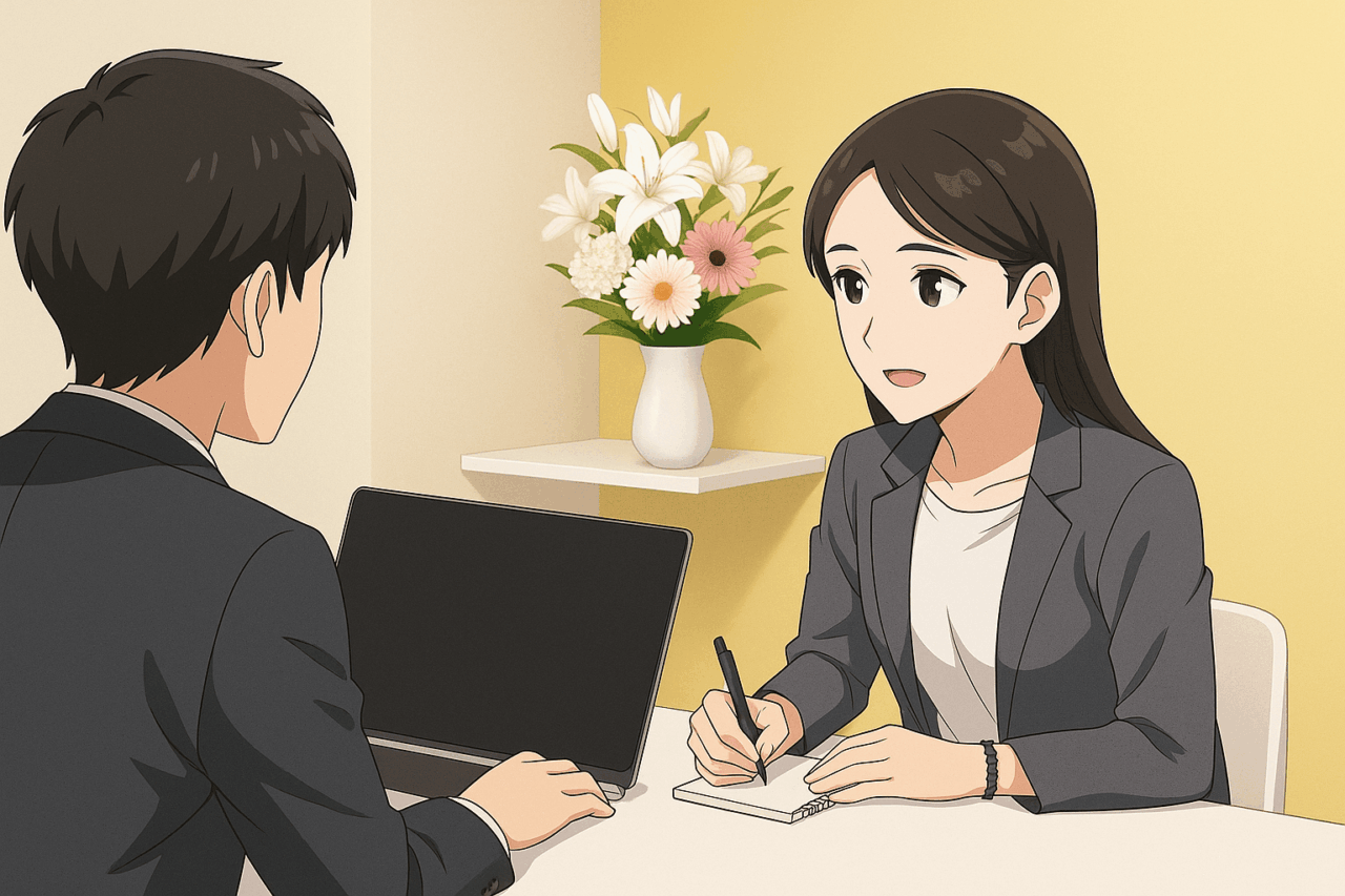 ビジネス面談で話をするスーツ姿の男女と背景に飾られた花