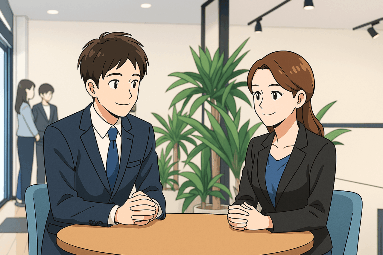 明るいオフィスで転職アドバイザーと面談するスーツ姿の男性MR。観葉植物のある落ち着いた空間で前向きに相談している。