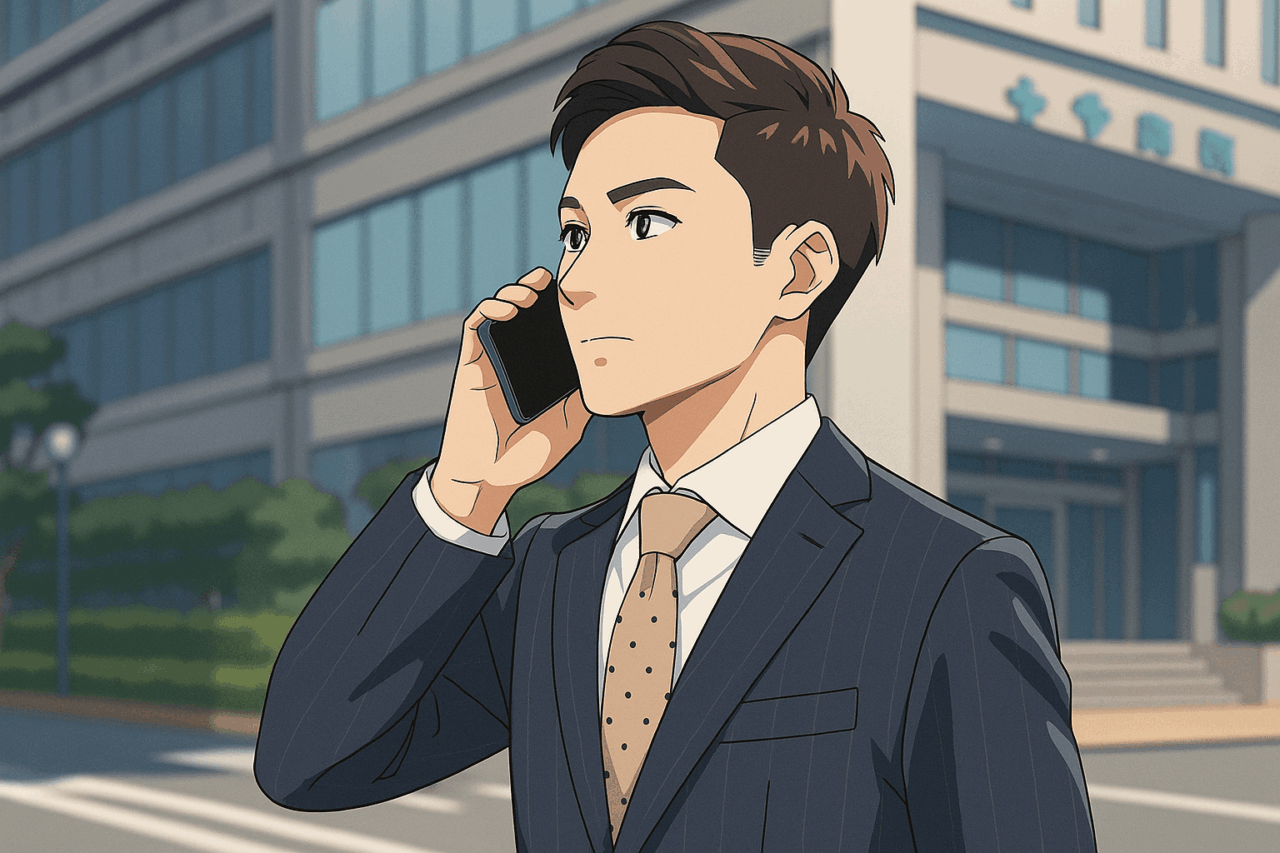 総合病院の前でスマートフォンで通話するスーツ姿の男性