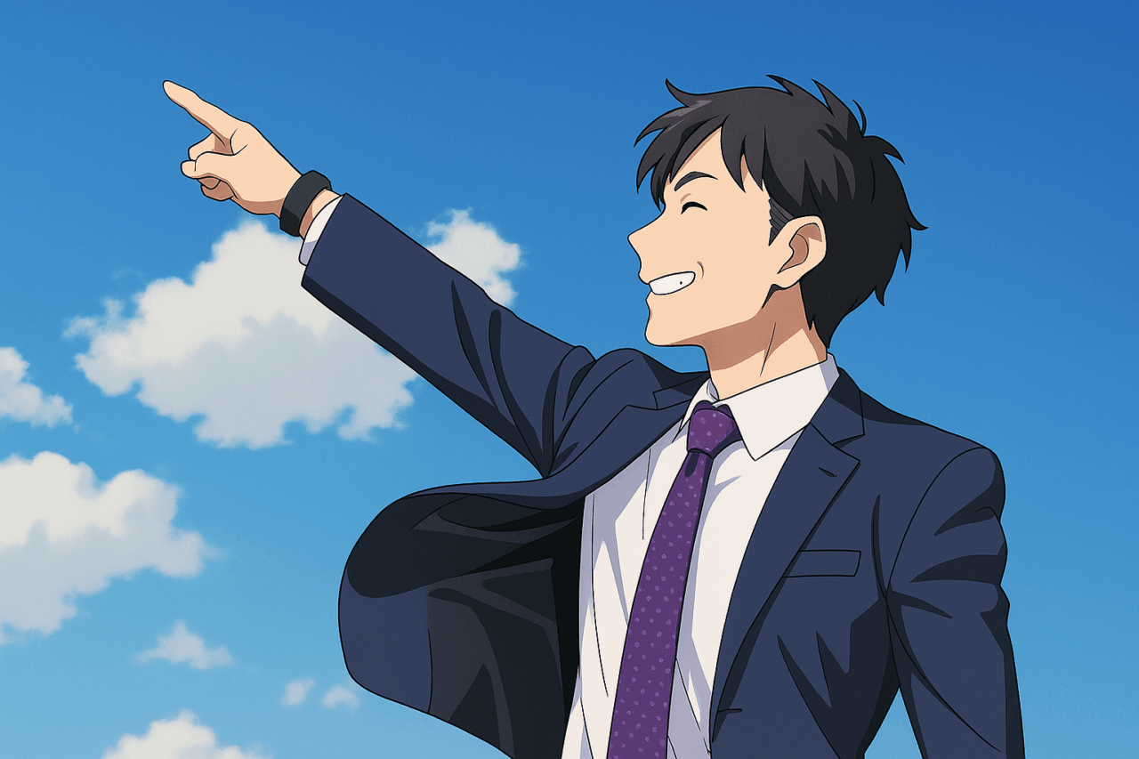 青空の下で笑顔で空を指差すスーツ姿の男性
