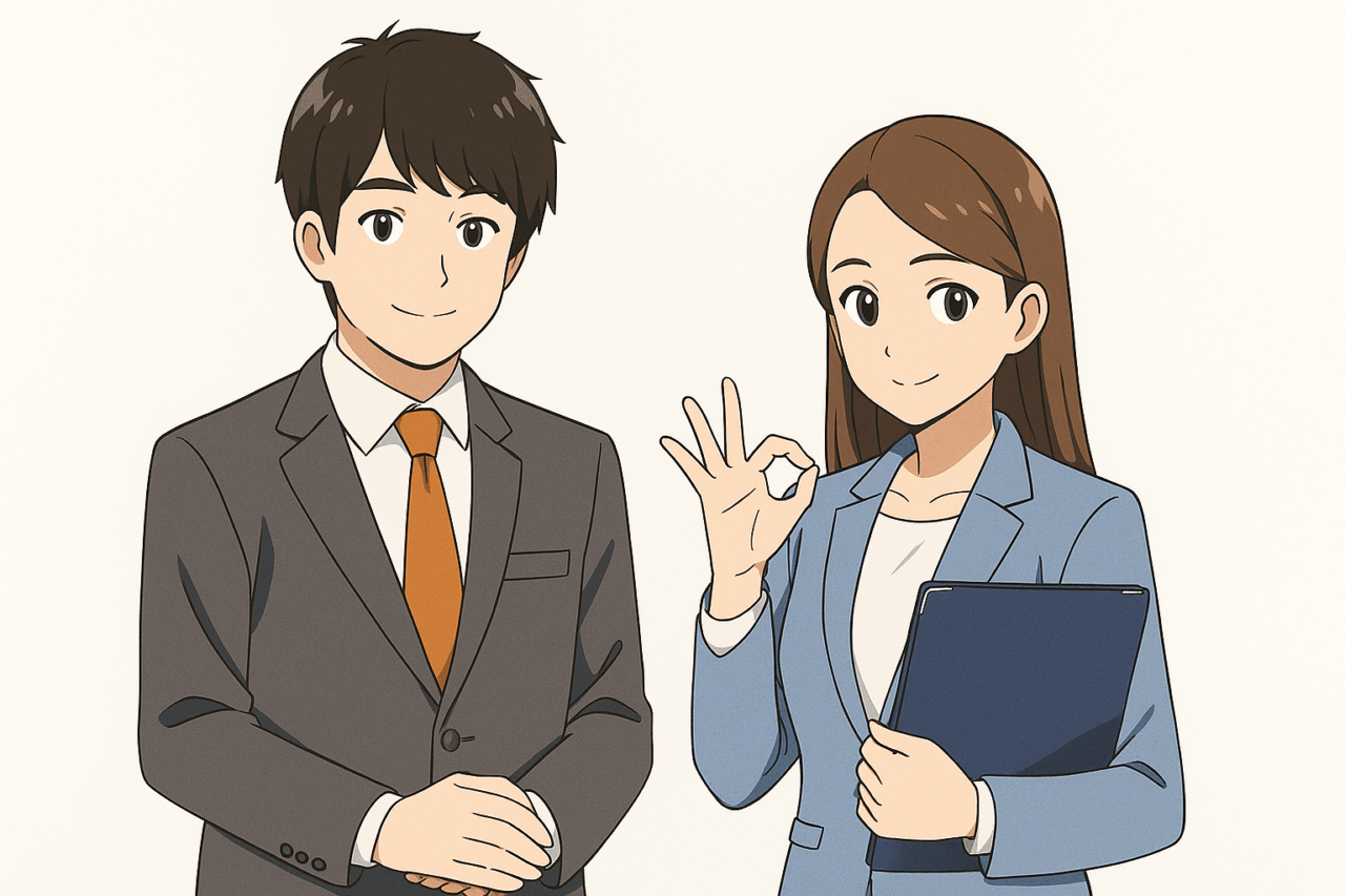 スーツ姿の男女が並び、女性がOKサインをしているビジネスシーン