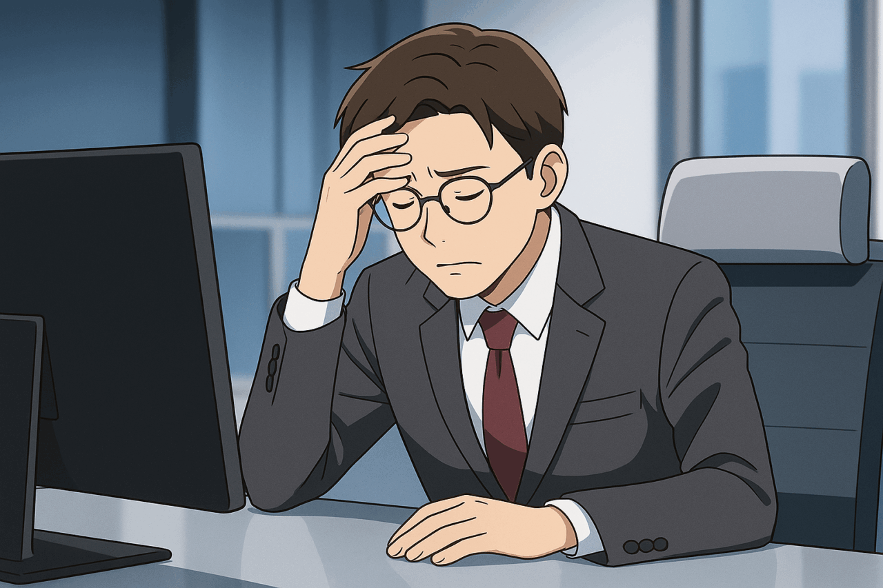 デスクで頭を抱えて悩んでいるスーツ姿の男性