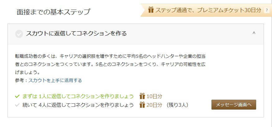 ビズリーチのプレミアムチケット獲得方法を説明する画面。スカウトに返信してコネクションを作るステップが表示されており、1人に返信すると10日分、さらに4人に返信すると20日分のプレミアムチケットがもらえることが示されている。