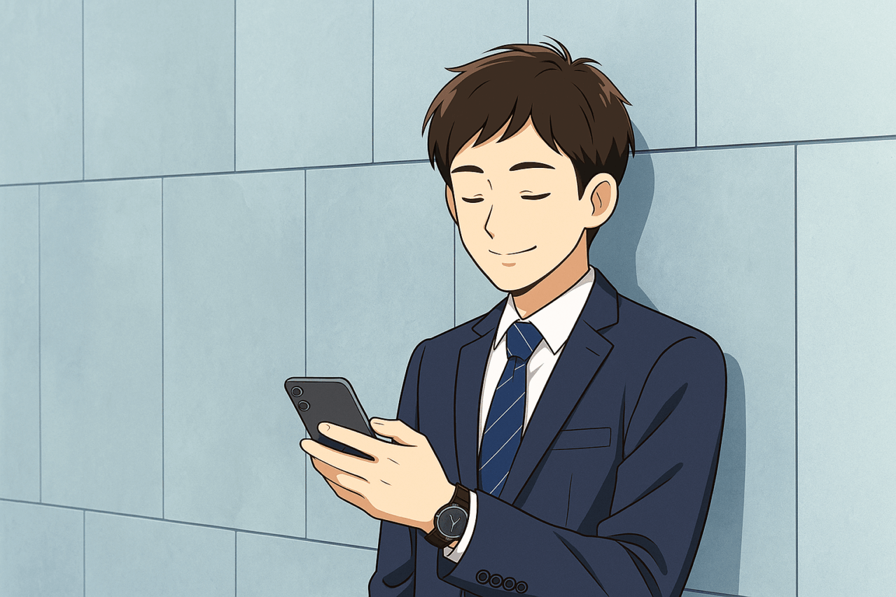 グレーの壁にもたれながらスマートフォンを操作するスーツ姿の男性MR。穏やかな表情でメッセージや情報を確認している。