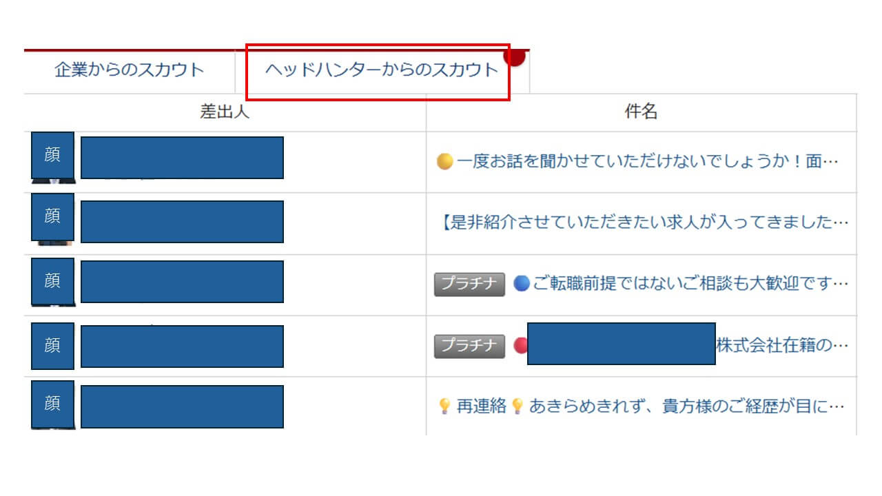 ビズリーチのヘッドハンターからのスカウト一覧画面。各ヘッドハンターから転職希望者に対して面談依頼や求人紹介のオファーが表示されている。