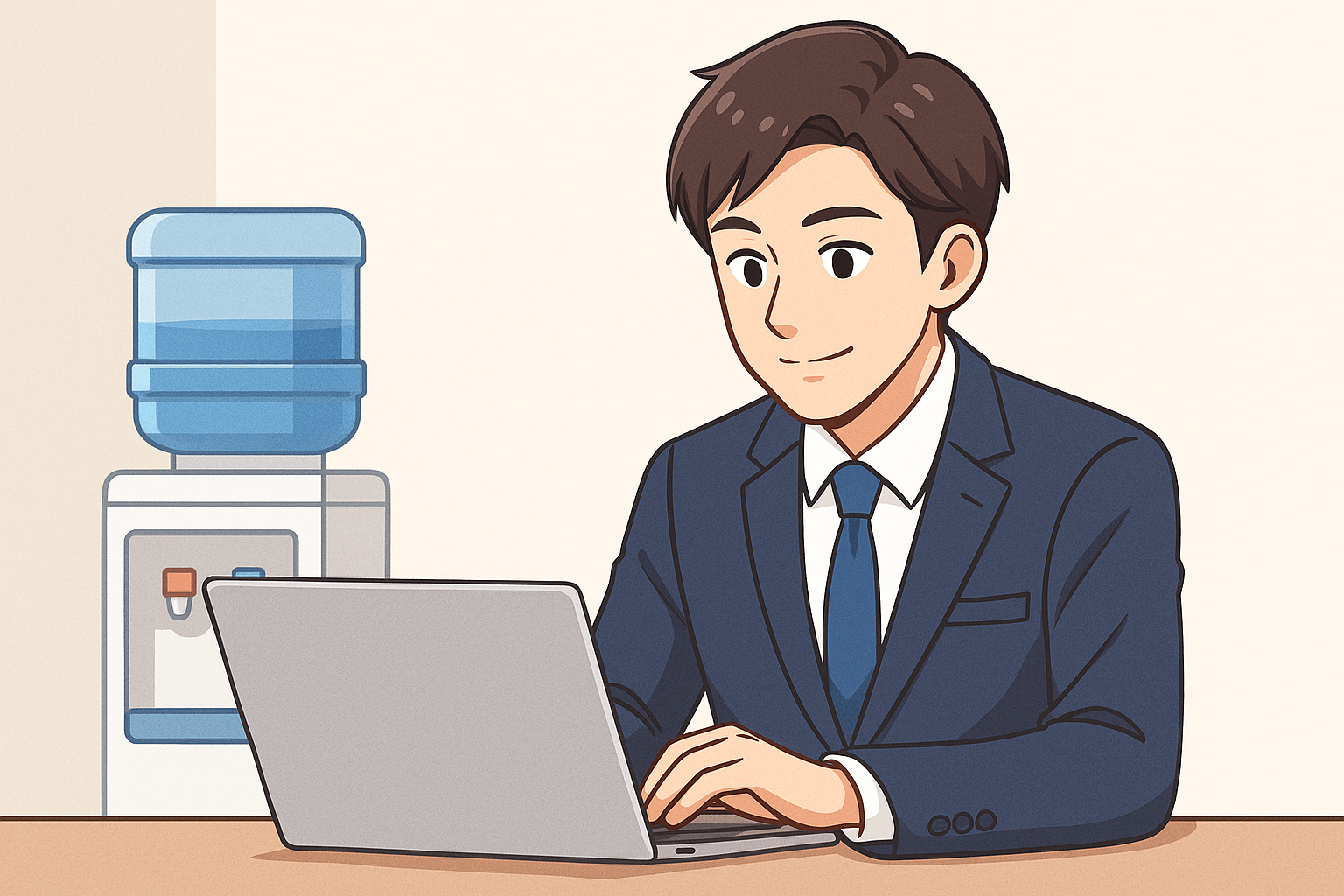 オフィスのウォーターサーバーの前でノートパソコンを操作するスーツ姿の男性MR。真剣な表情で会員登録を進めている様子。
