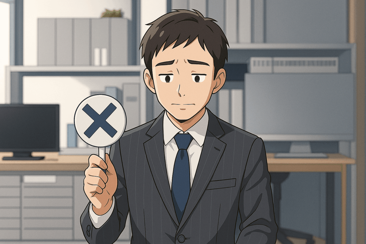 オフィスで困った表情をしながらバツ印を掲げるスーツ姿の男性